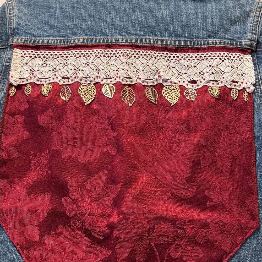 Upcycled Levi's Embellished Blue Denim Jacket with Lace and Gold Leaf Accents XS - Picture 5 of 12
